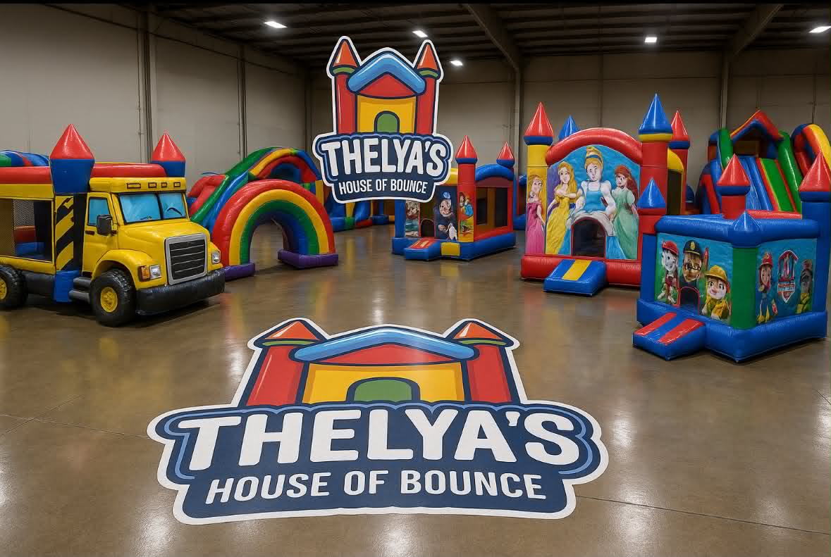 Inside Thelya's warehouse of bounce houses