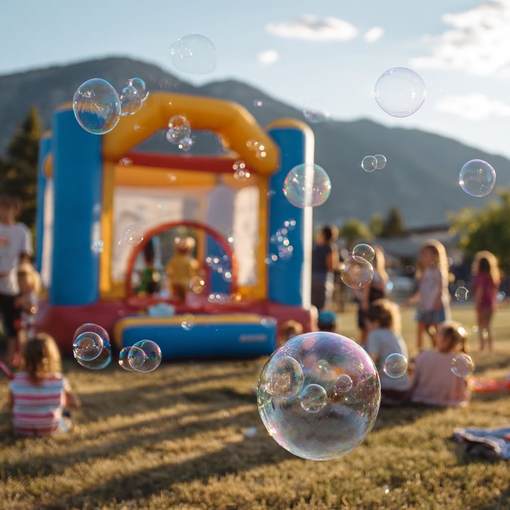 Real party with bounce house and bubbles